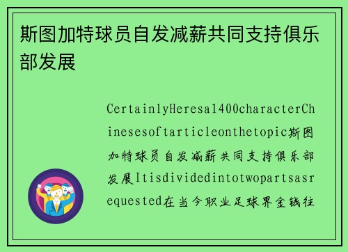 斯图加特球员自发减薪共同支持俱乐部发展