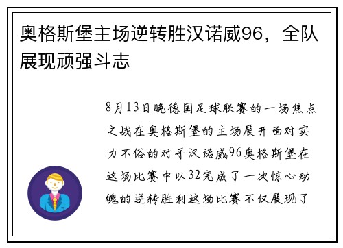 奥格斯堡主场逆转胜汉诺威96，全队展现顽强斗志
